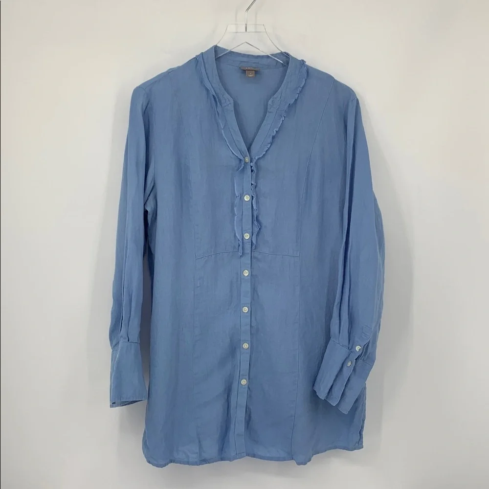 J Jill Linen tunic blouse shirt top blue button chambray blue ruffle trim Large